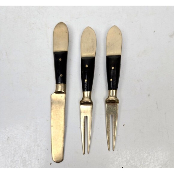 Vintage Cocktail Fork & Mini Spreader Buddha Bronze Brass Rosewood Siam Thailand - Picture 3 of 9